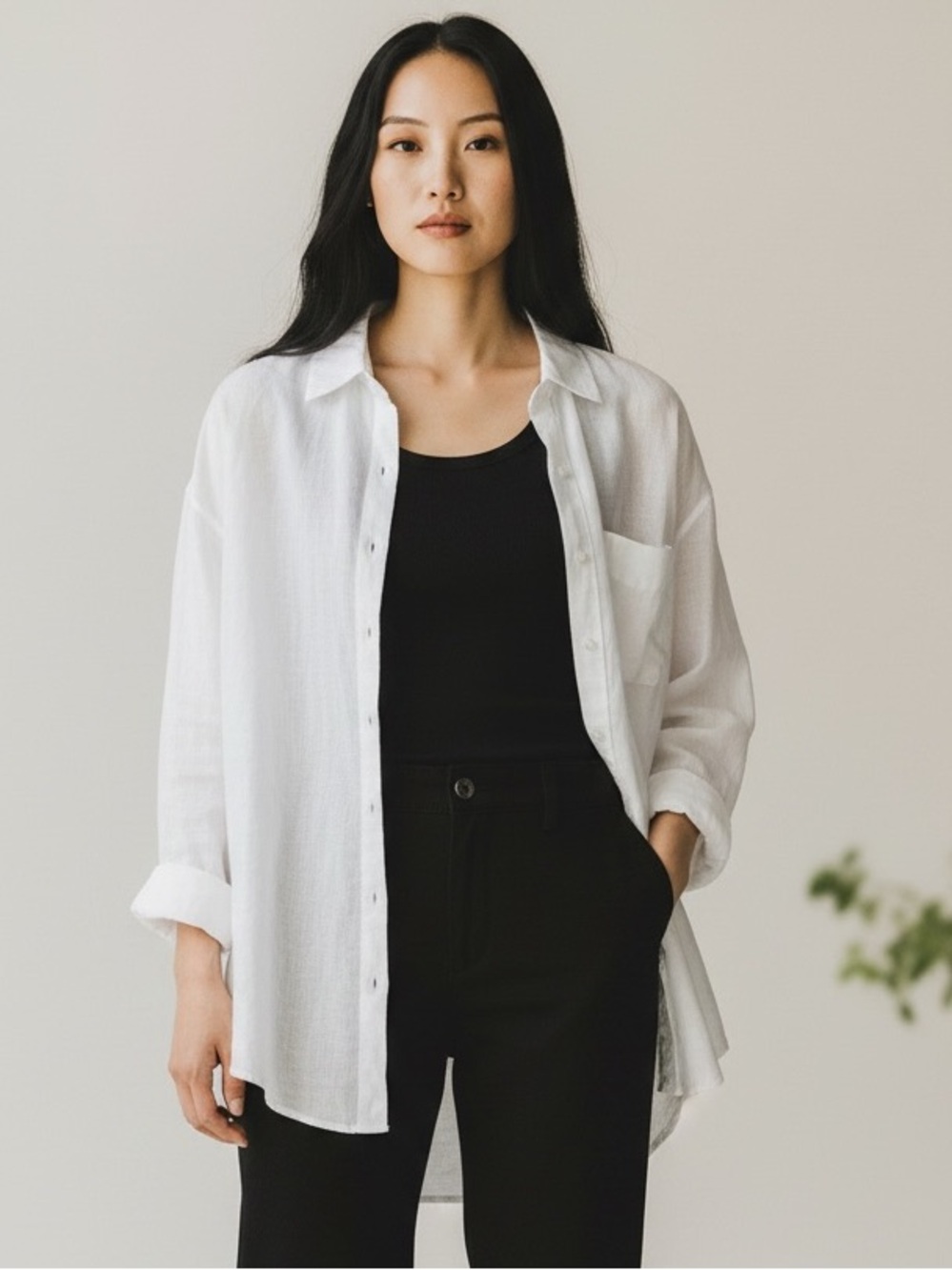 H&M Women's White 100% Linen Button Up Collared Shirt Lightweight Capsule Med.